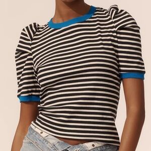 EUC Maeve Anthropologie Puff Sleeved Striped Top Black White Blue size M
